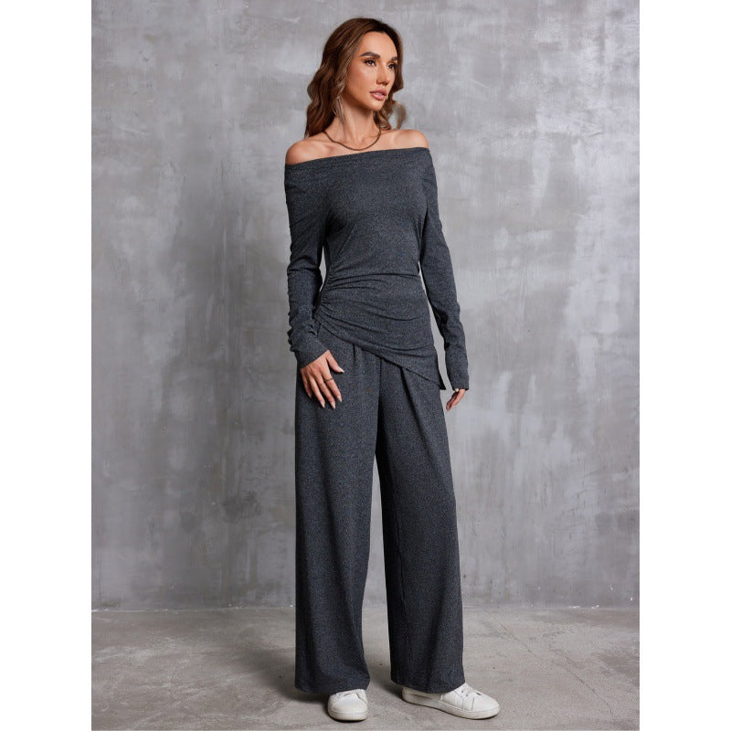 Long Sleeve T-shirt Elastic Waist Wide Leg Pants Set