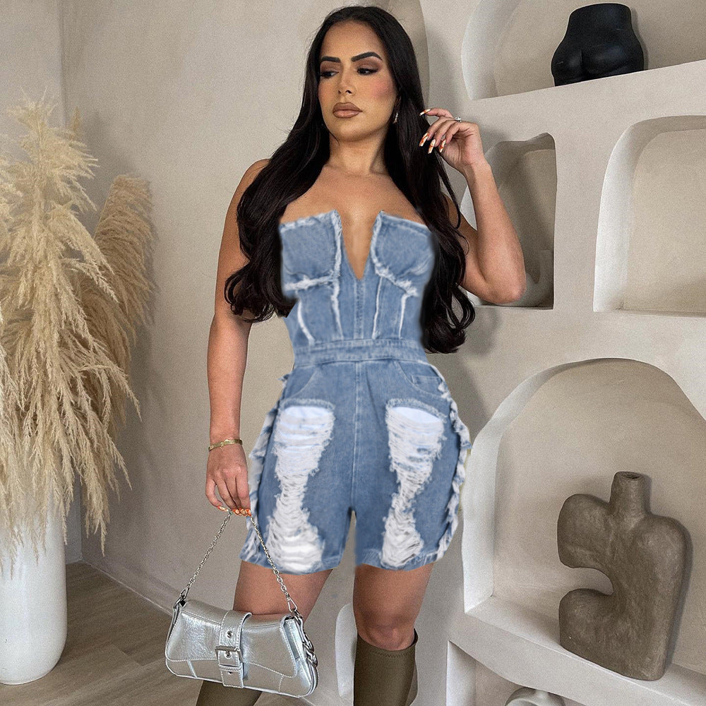 Hollow Ripped Denim Women's Jumpsuit