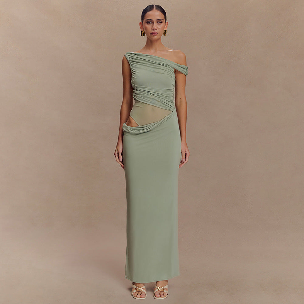 Pleated Shoulder Midriff Dress Women
