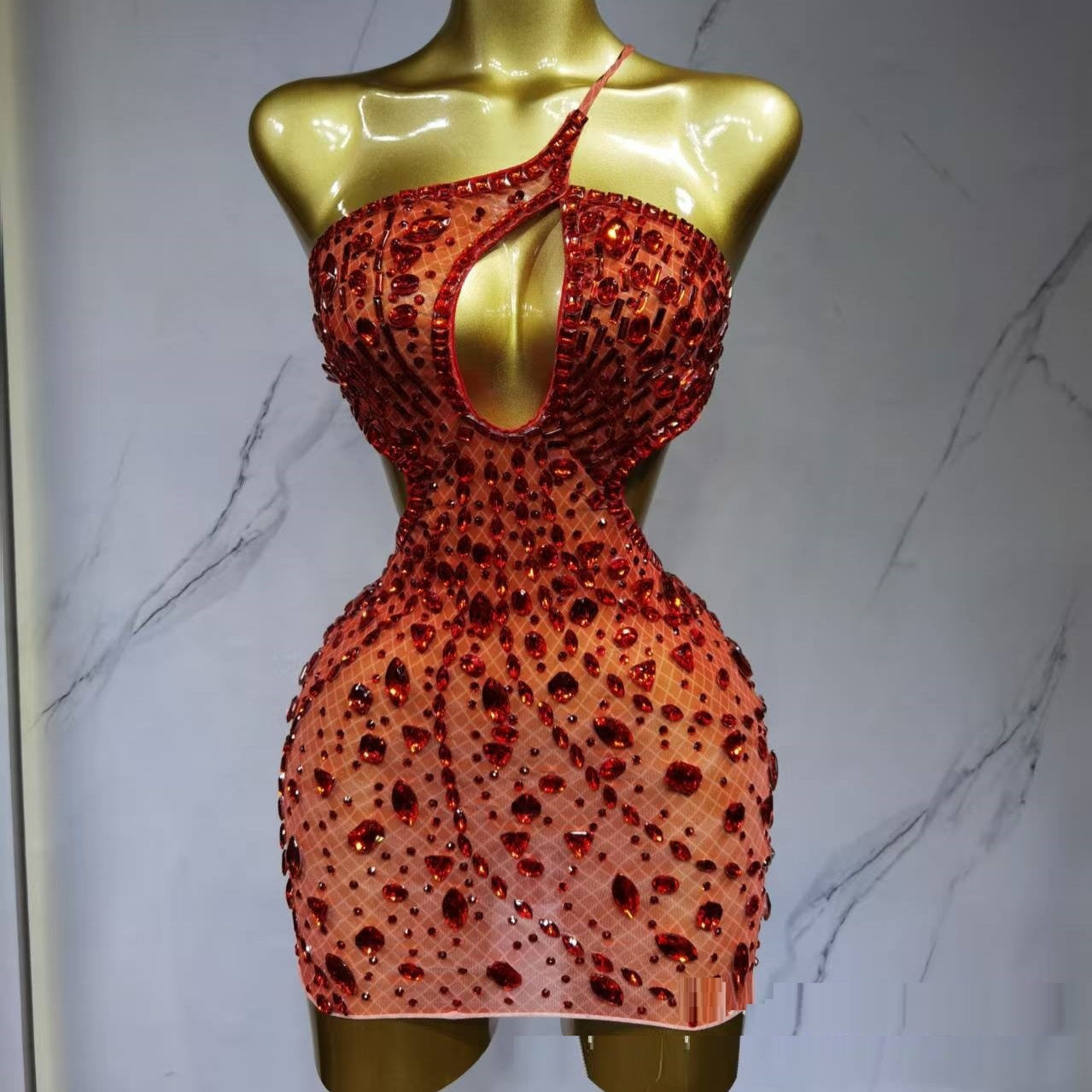 One-Shoulder Diamond Backless Dress