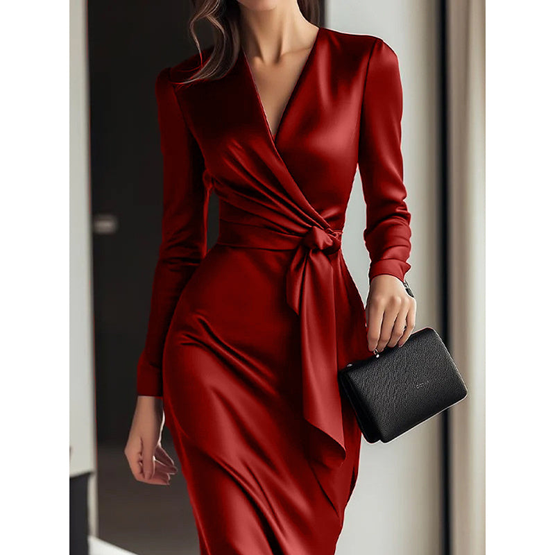 Burgundy Satin Midi Dress