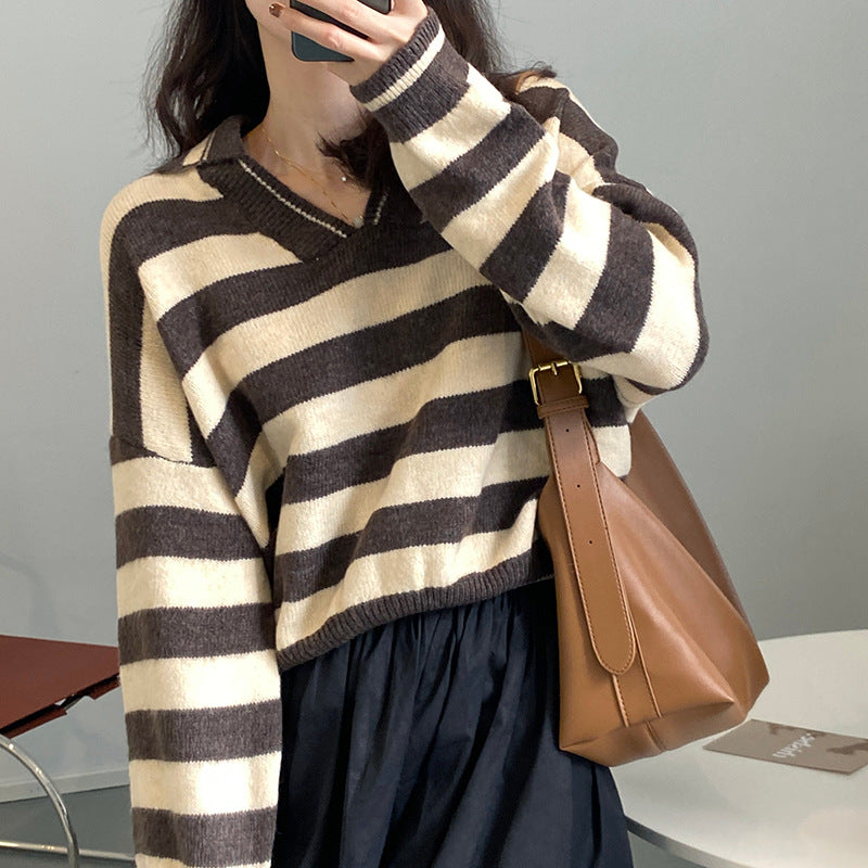 Striped Lapel Sweater Women