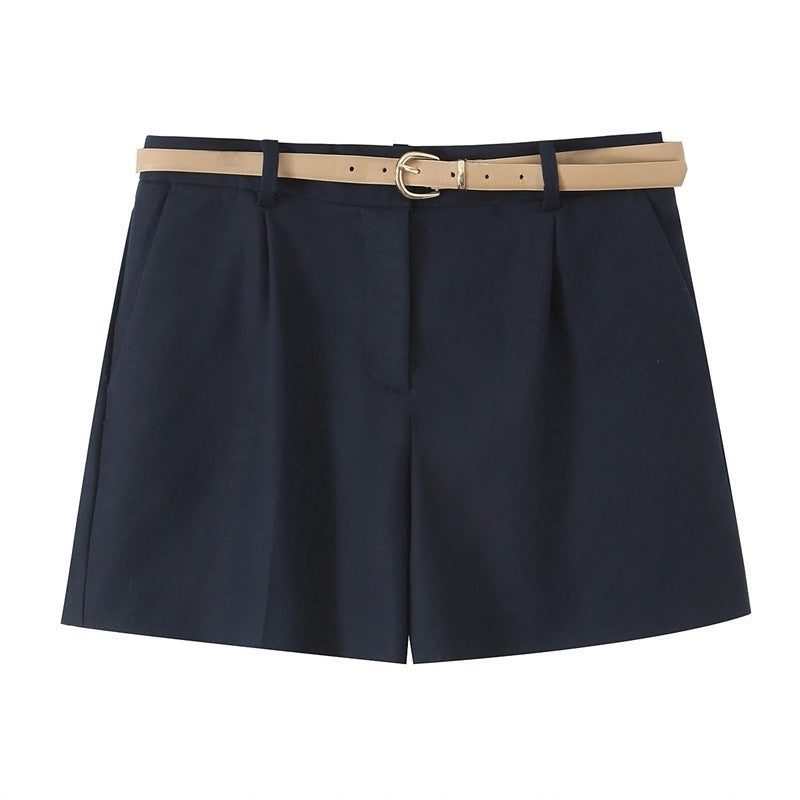 Two-Tone Belted Pleated Shorts