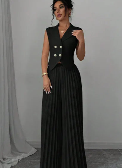 Sleeveless Lapel & Pleated Pants Two-Piece Set