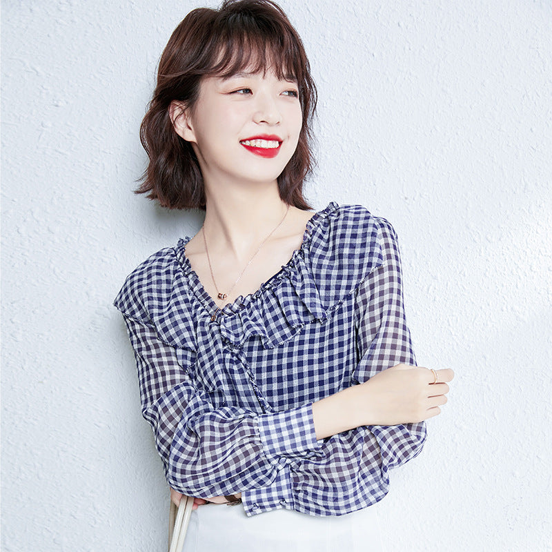 Plaid Flounce Chiffon Blouse