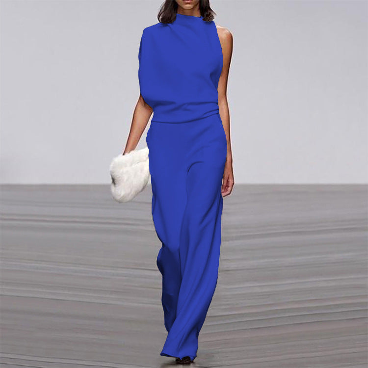 One-Shoulder Solid Collar Jumpsuit