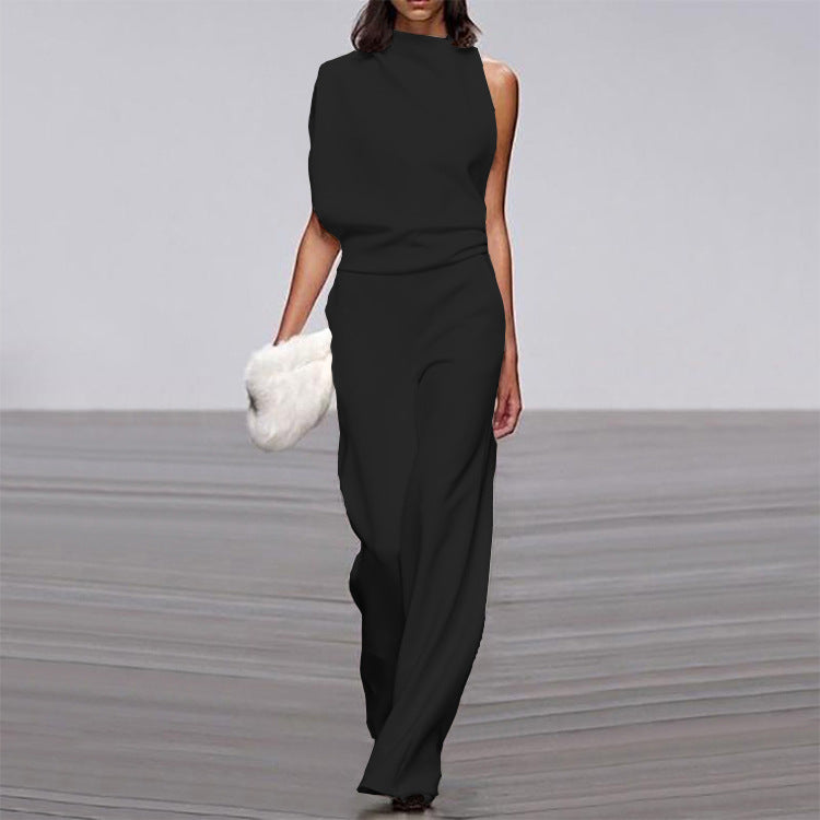 One-Shoulder Solid Collar Jumpsuit