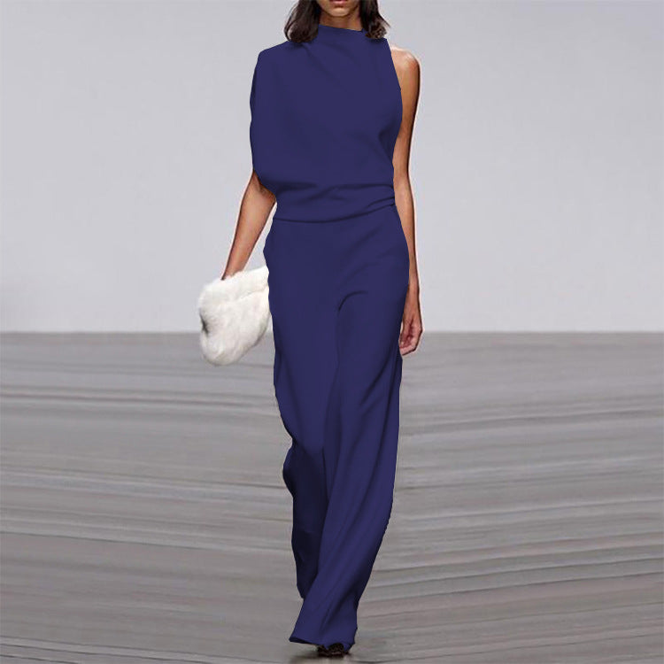 One-Shoulder Solid Collar Jumpsuit
