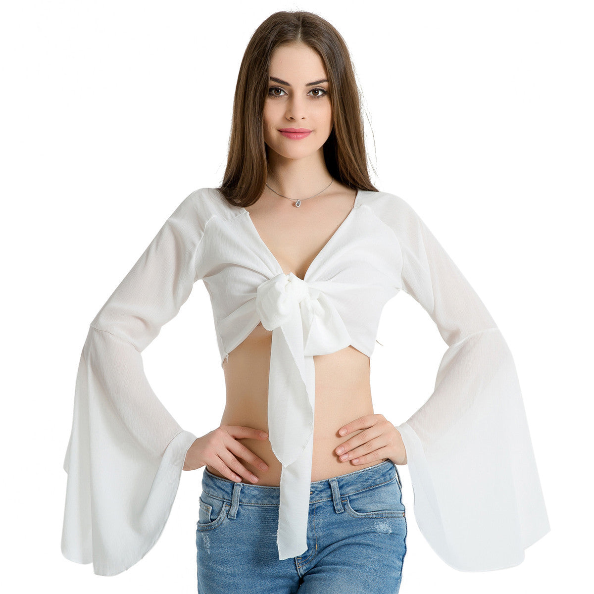 White Chiffon Bell Sleeve Blouse