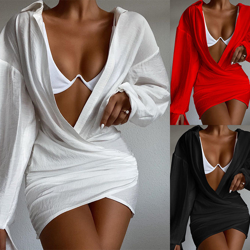 Deep V-neck Solid Color Long Sleeve Narrow Mini Dress
