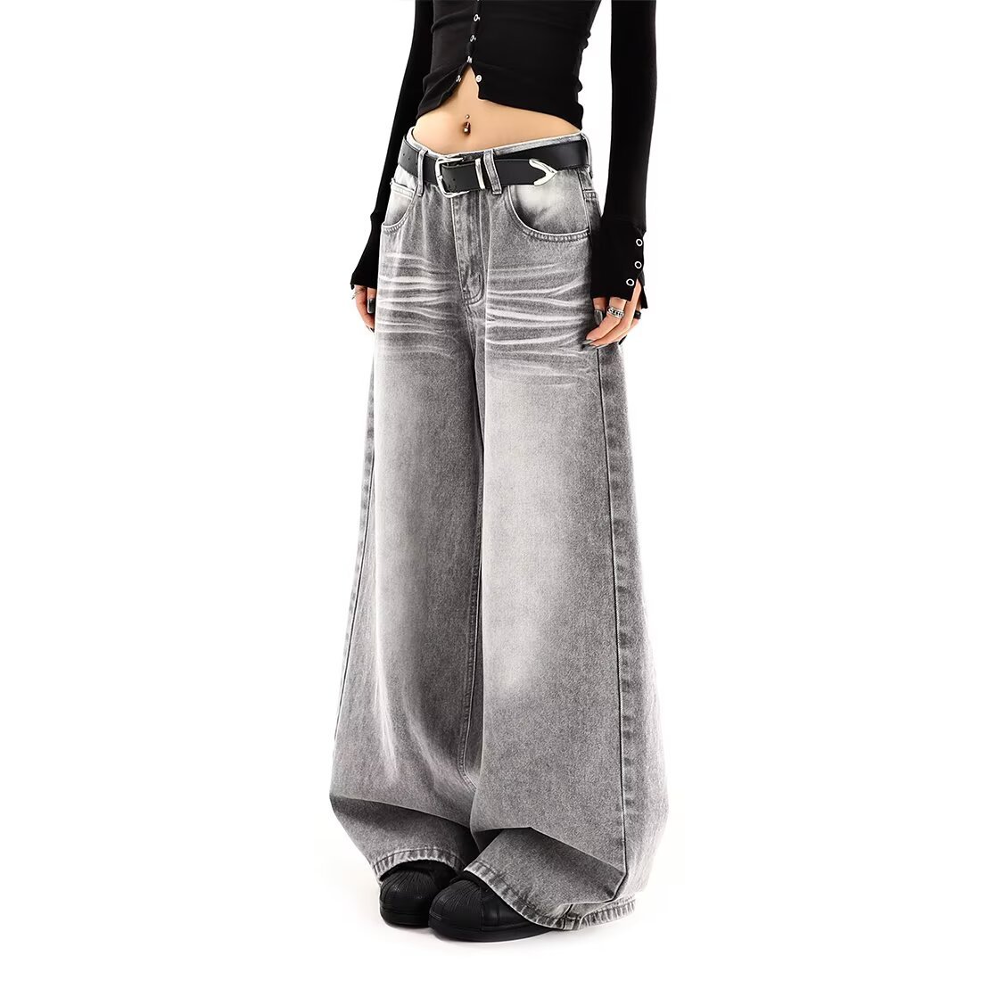 Embroidered High Waist Wide Leg Denim Jeans