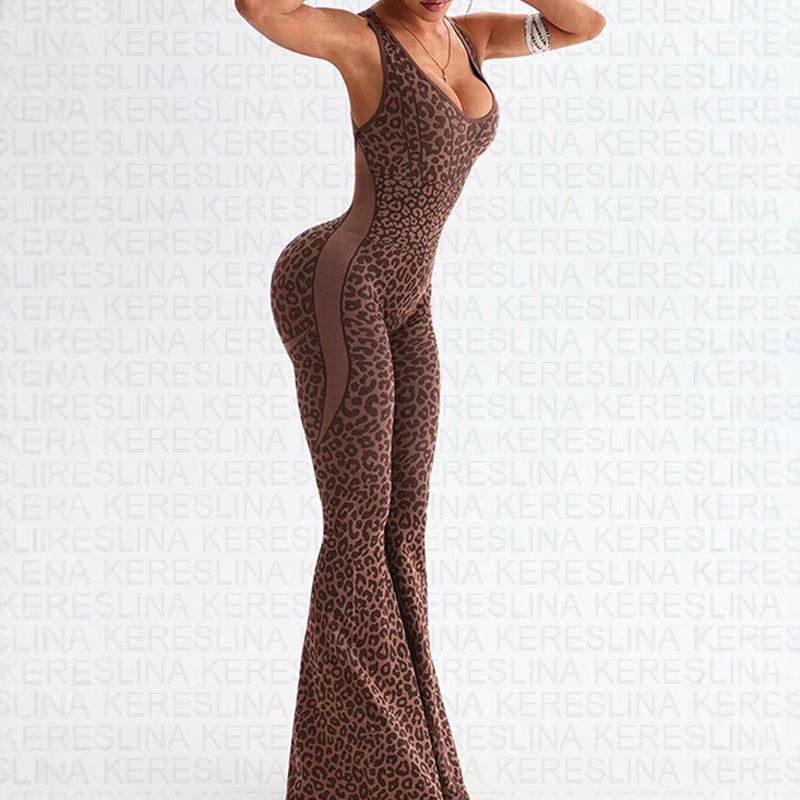 Leopard Print Backless Halter Jumpsuit