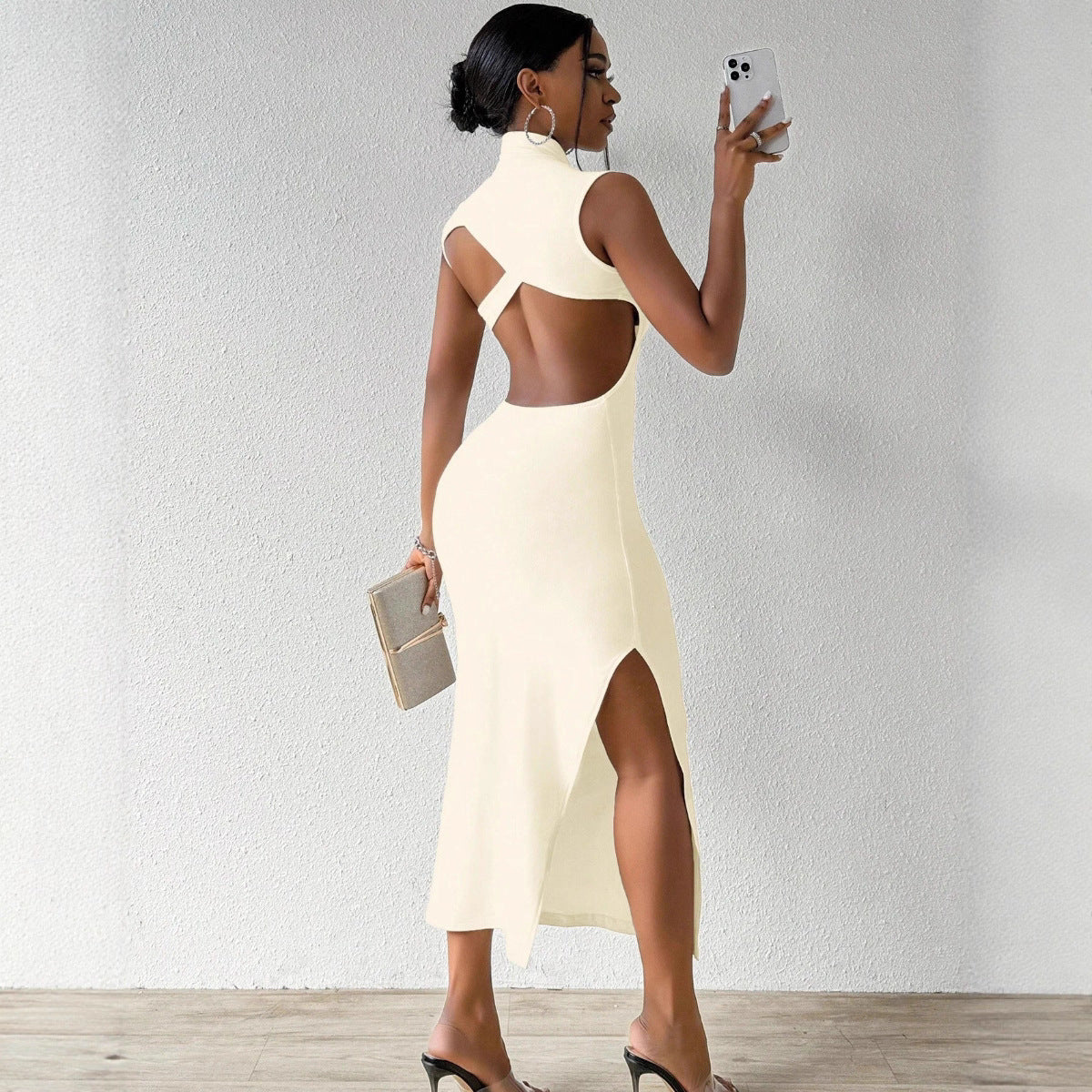 Backless Stand Collar Bodycon Dress