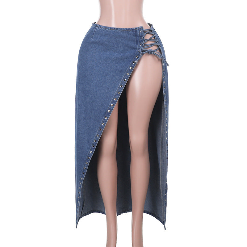 Lace-Up Split Denim Skirt
