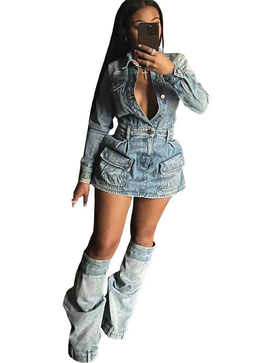 Washed Denim Multi-Pocket Dress