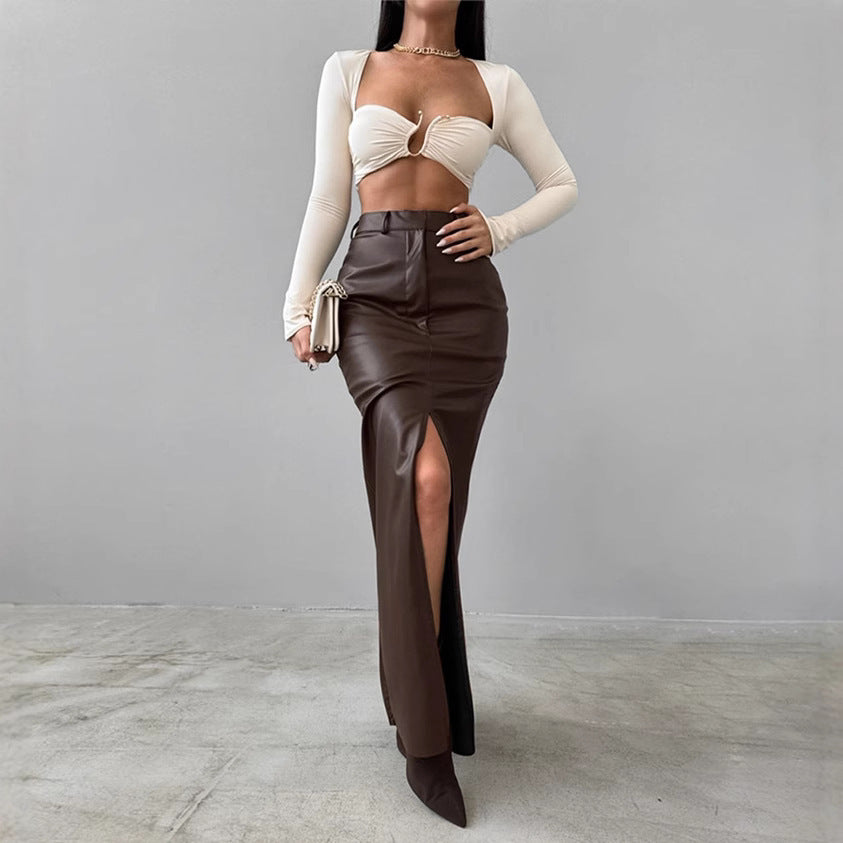 Elegant High Waist Leather Skirt