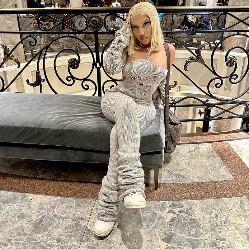 Wool Sleeve Backless Lace-up Jumpsuit