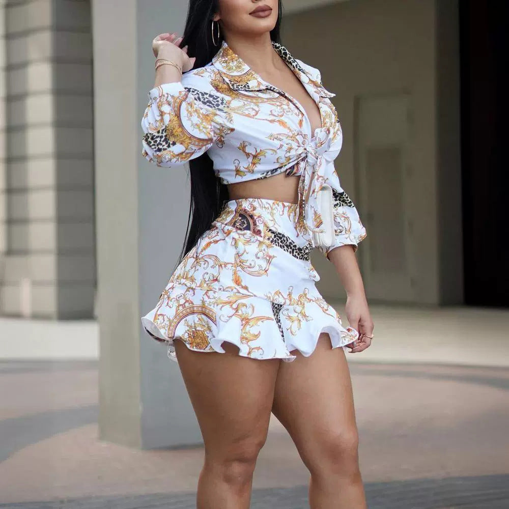 Printed Lace-Up Top Skirt Set