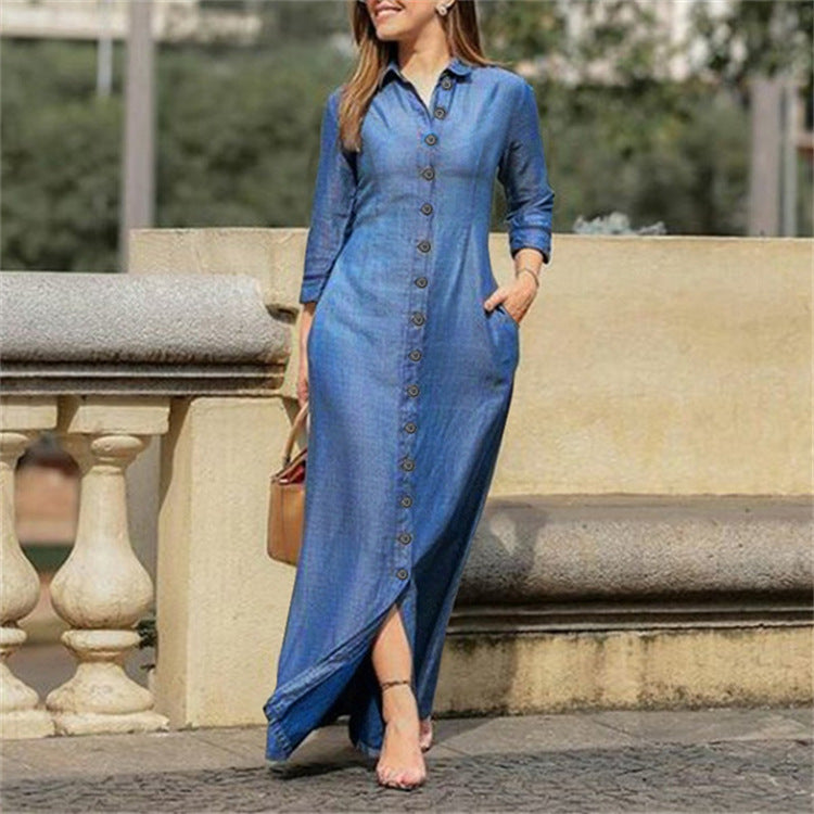 Denim Shirt Collar Maxi Dress