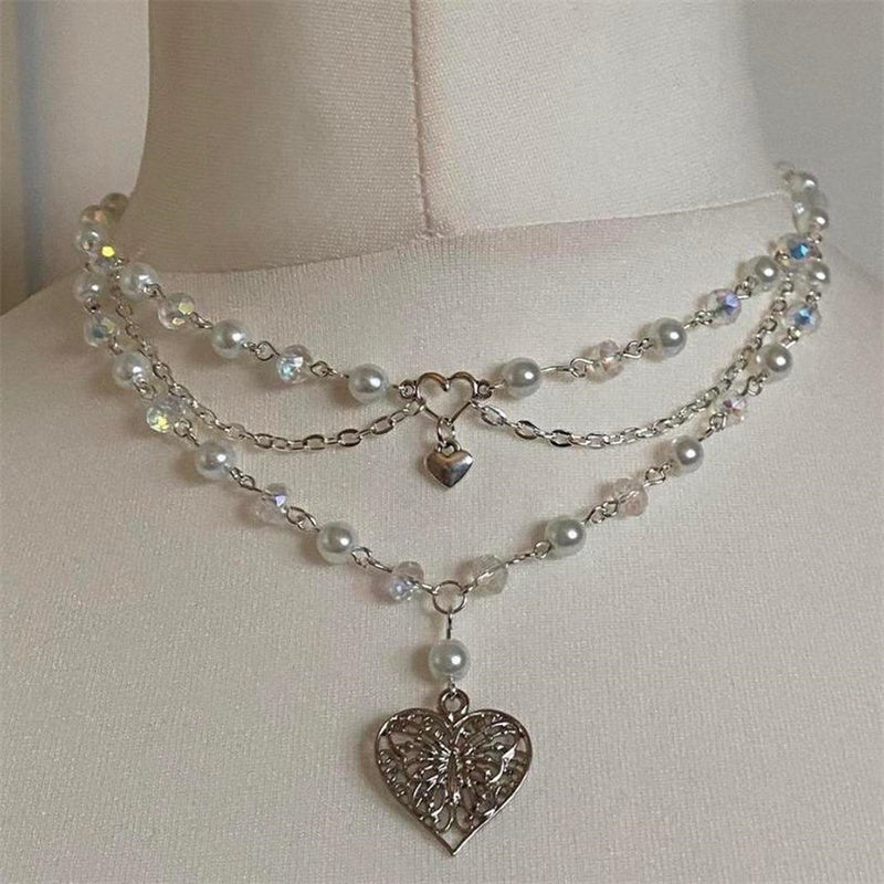 Multilayer Butterfly Pearl Heart Choker