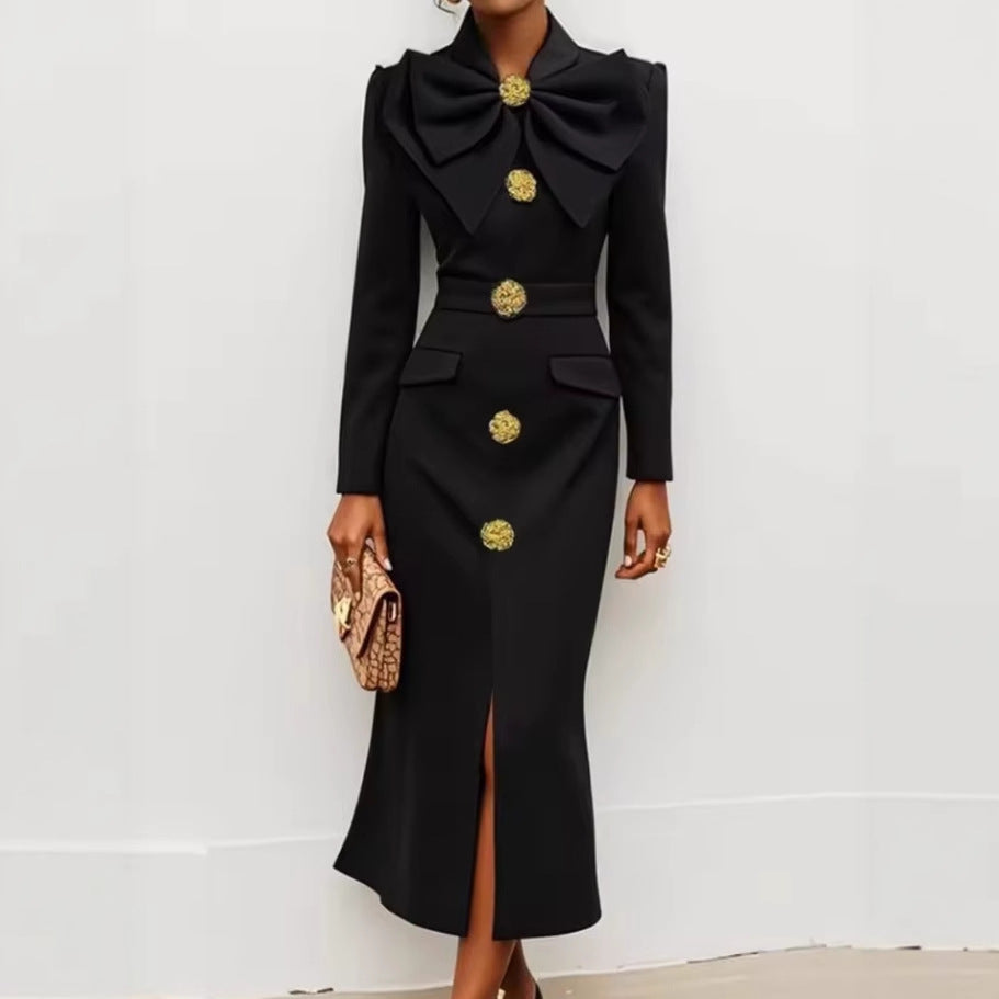 Bowknot Turtleneck Slit Dress