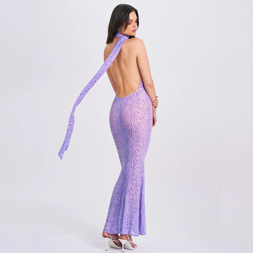 Leopard Print Halter Long Dress