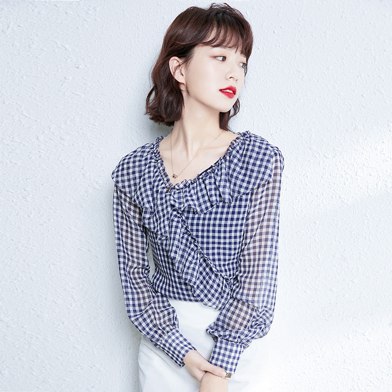 Plaid Flounce Chiffon Blouse