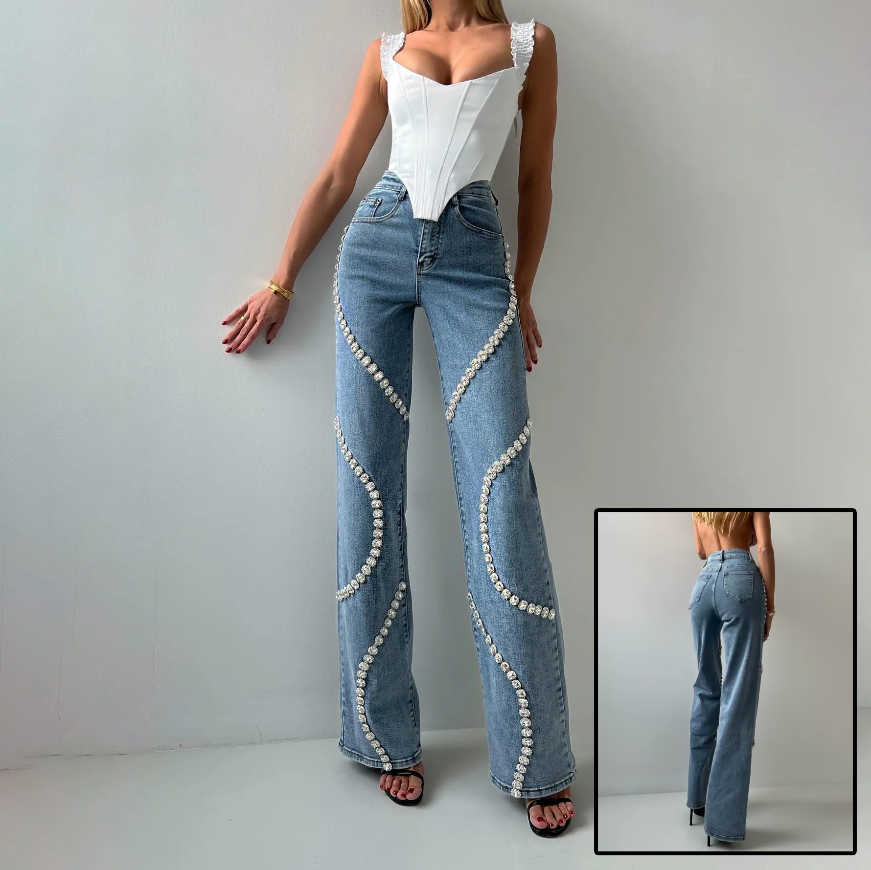 Loose Straight Rhinestone Jeans