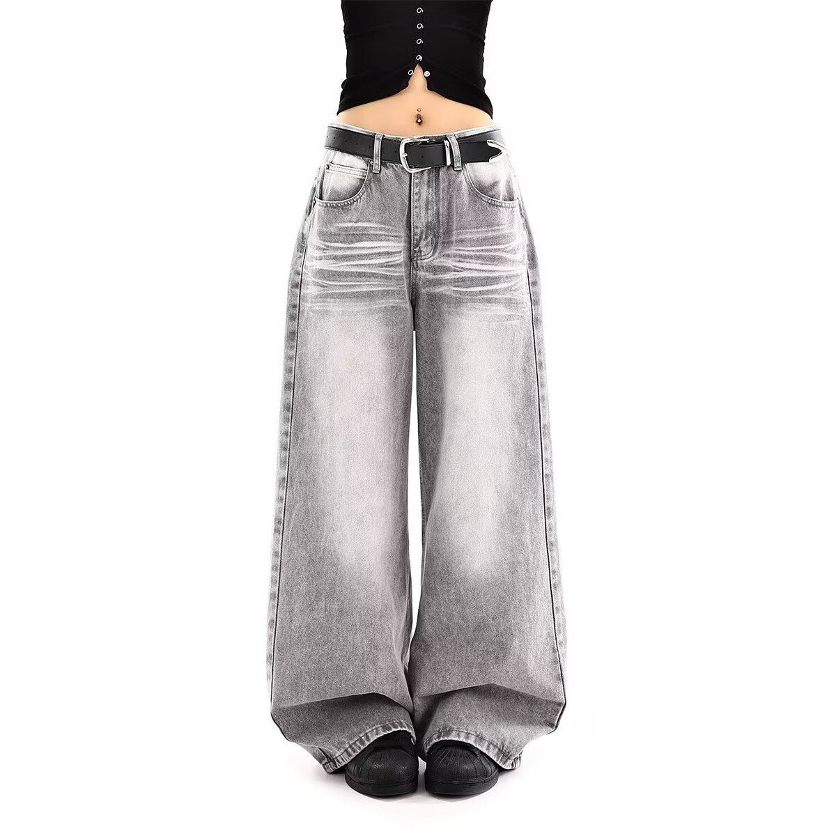 Embroidered High Waist Wide Leg Denim Jeans
