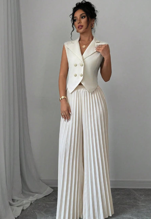 Sleeveless Lapel & Pleated Pants Two-Piece Set