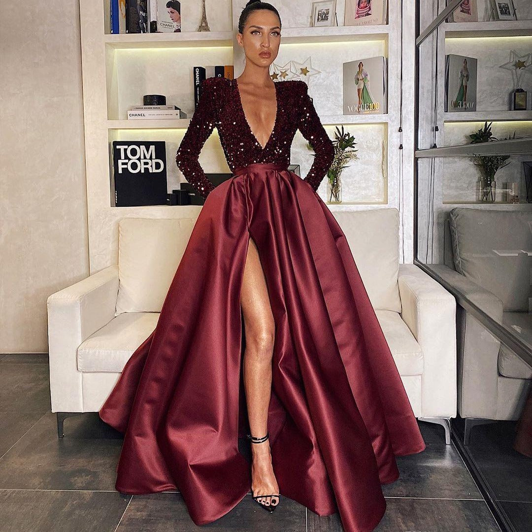 Sequin V-Neck Long Sleeve Dress