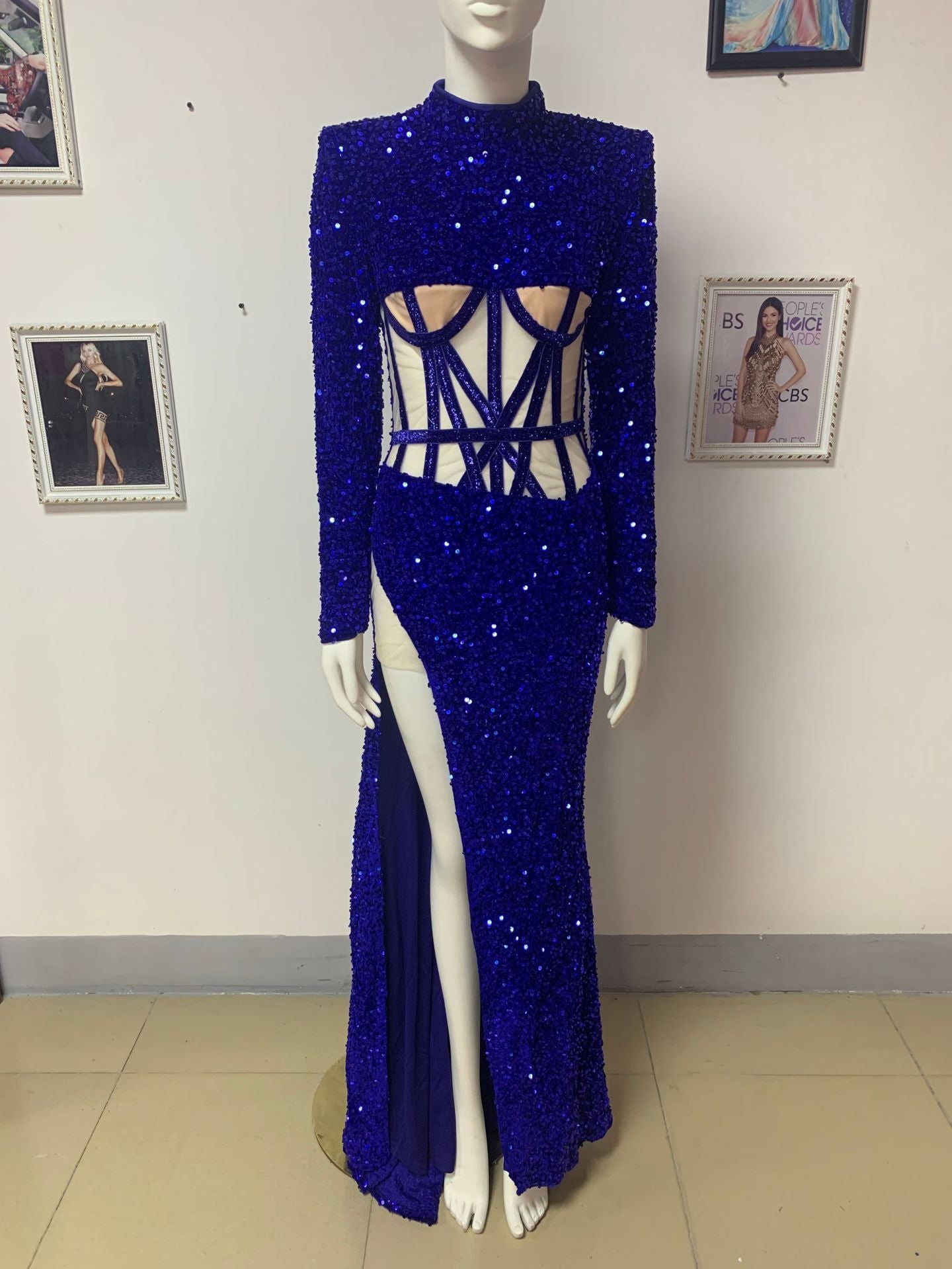 Blue Sequin See-Through Dress