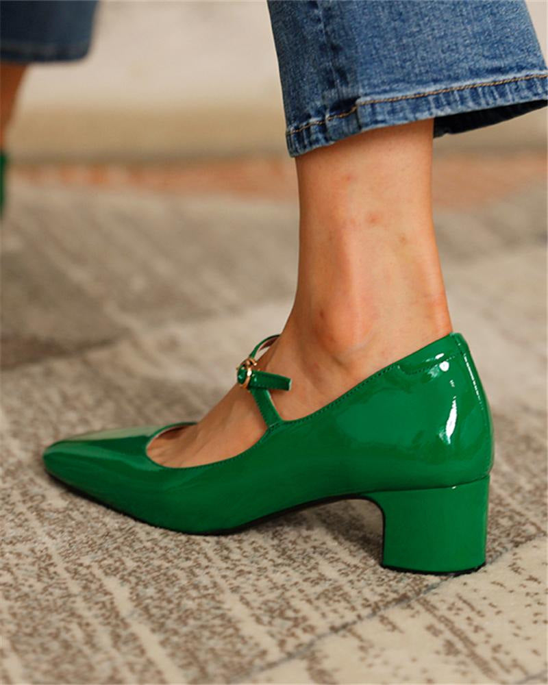 Bright Leather Strap Square Toe Shoes