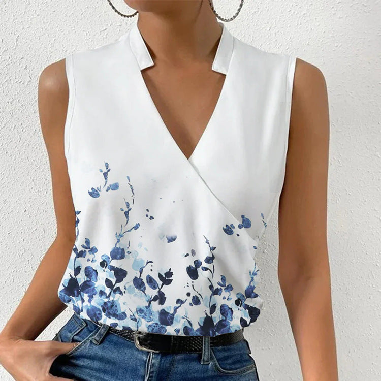 Printed V-neck Sleeveless Tops