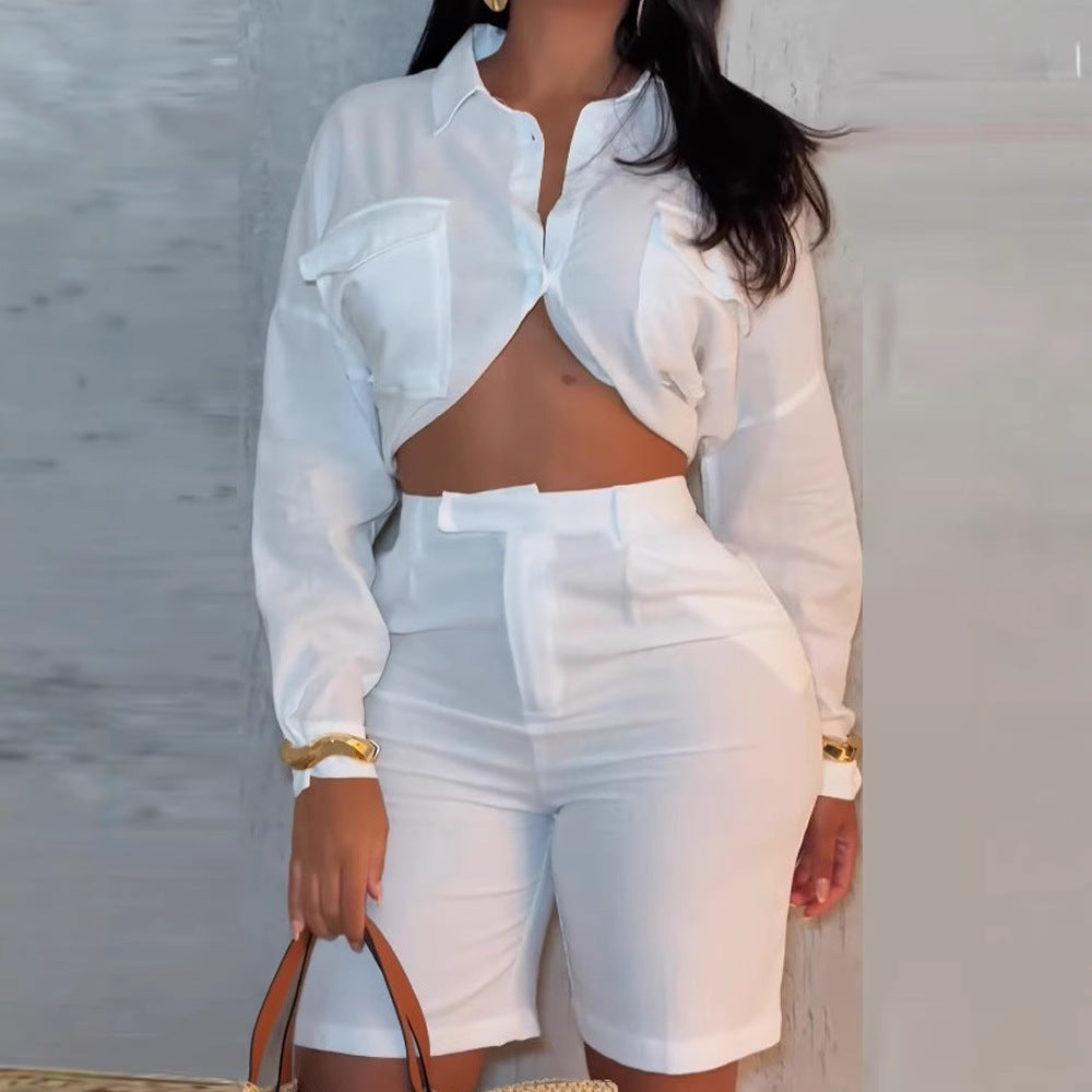 Women Loose Long Sleeve Shorts Set