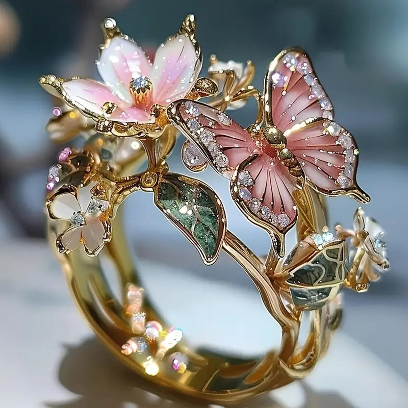 Fashion Rhinestone Butterfly Flower Ring