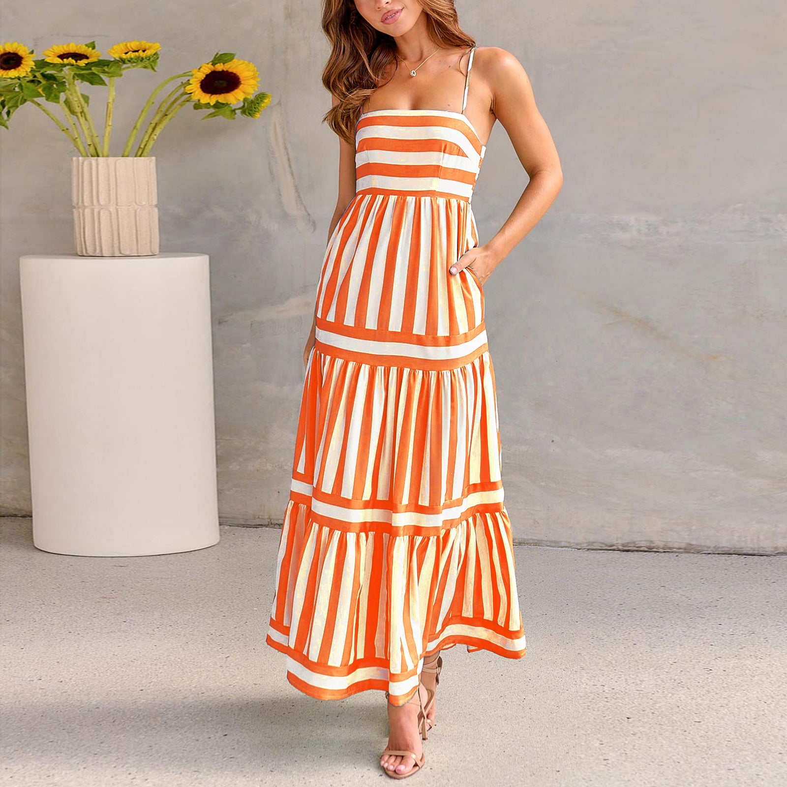 Striped Suspender Beach Maxi Dress