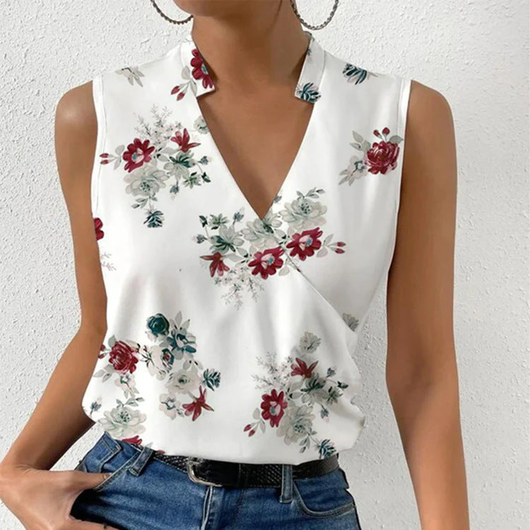 Printed V-neck Sleeveless Tops