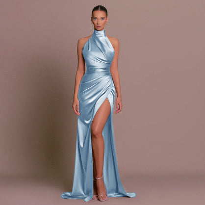 Vestido largo de otoño sin mangas, con cuello alto y elegante estilo halter.