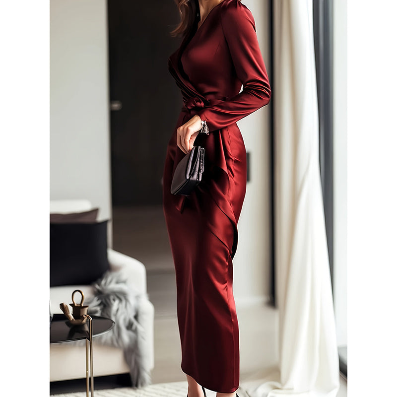 Burgundy Satin Midi Dress