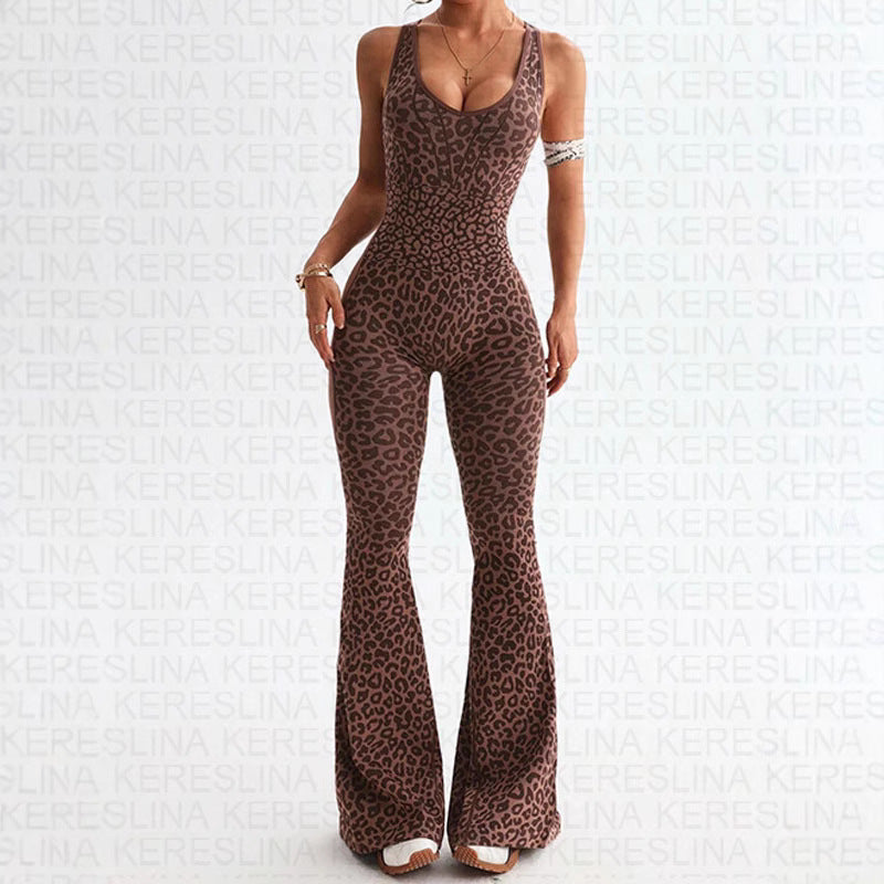 Leopard Print Backless Halter Jumpsuit