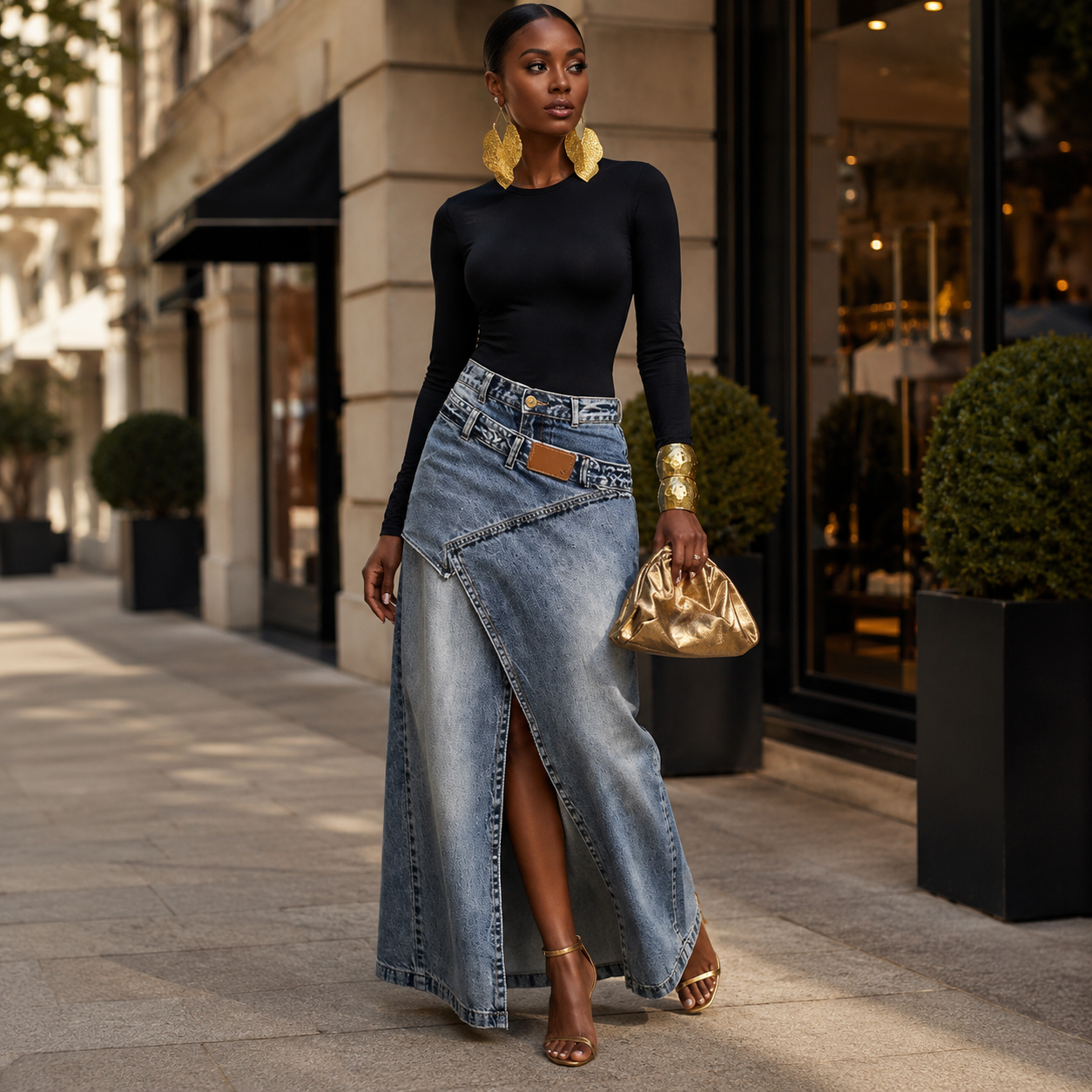 High Waist Irregular Slit Denim Midi Skirt Casual Chic Style