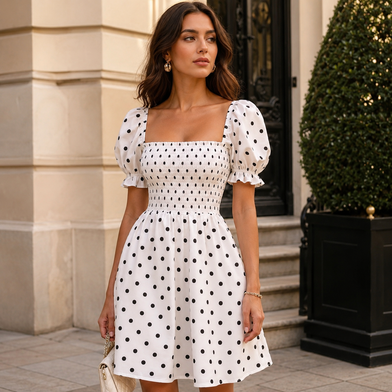 Vintage French Square Neck Puff Sleeve Polka Dot Dress