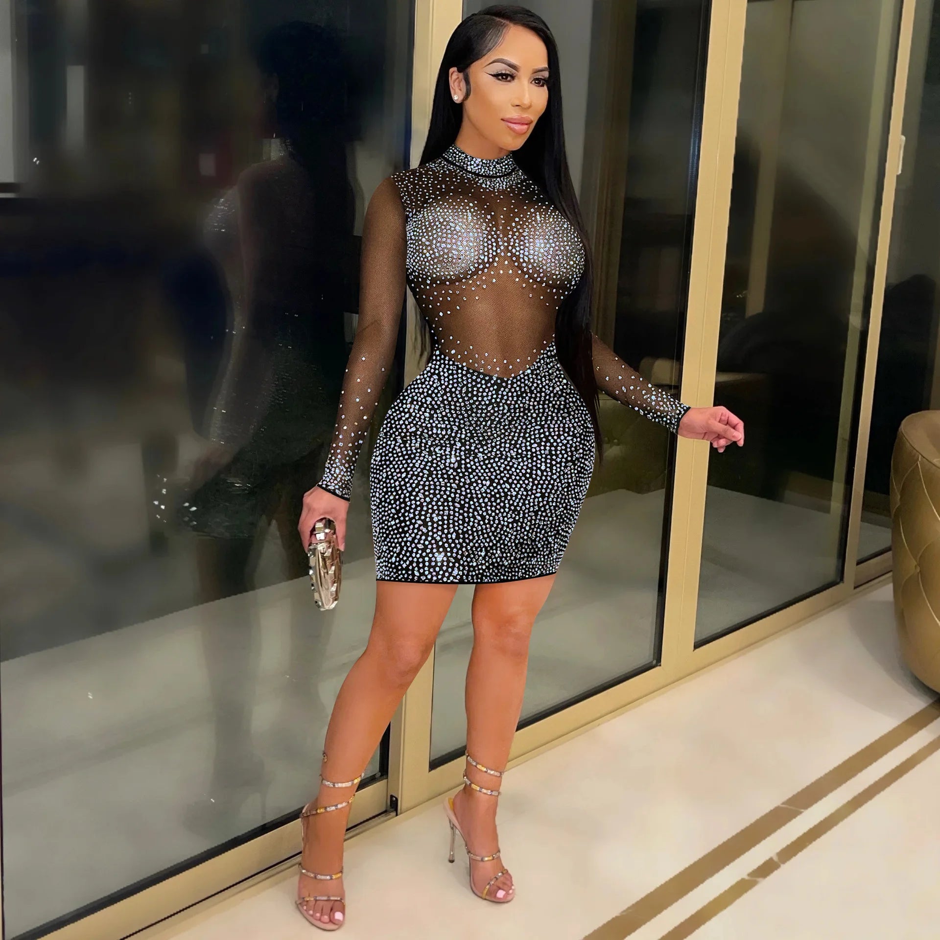 Crystal Diamonds Mesh Sheer Bodycon Dress
