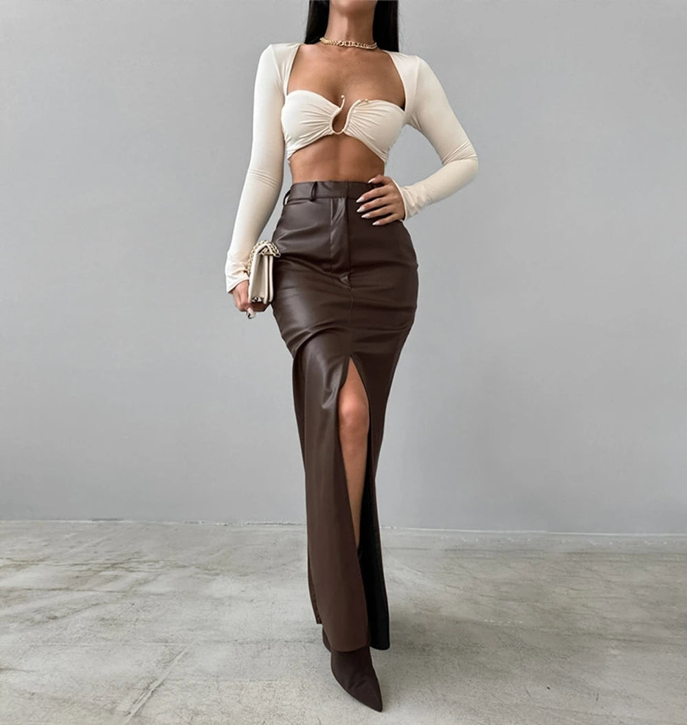 Fashionable Leather Slit Slim Fit Long Skirt