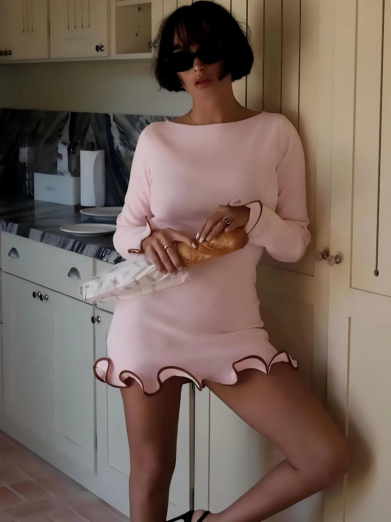 O-Neck Ruffle Bodycon Mini Dress