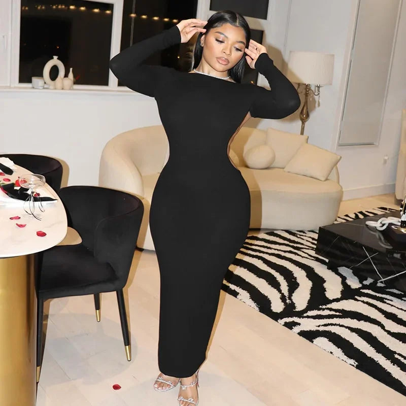 Elegant Open Back Backless Black Maxi Dress