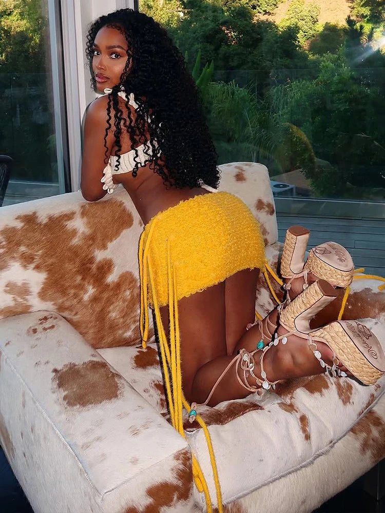 Furry Tassel Mini Skirt Women