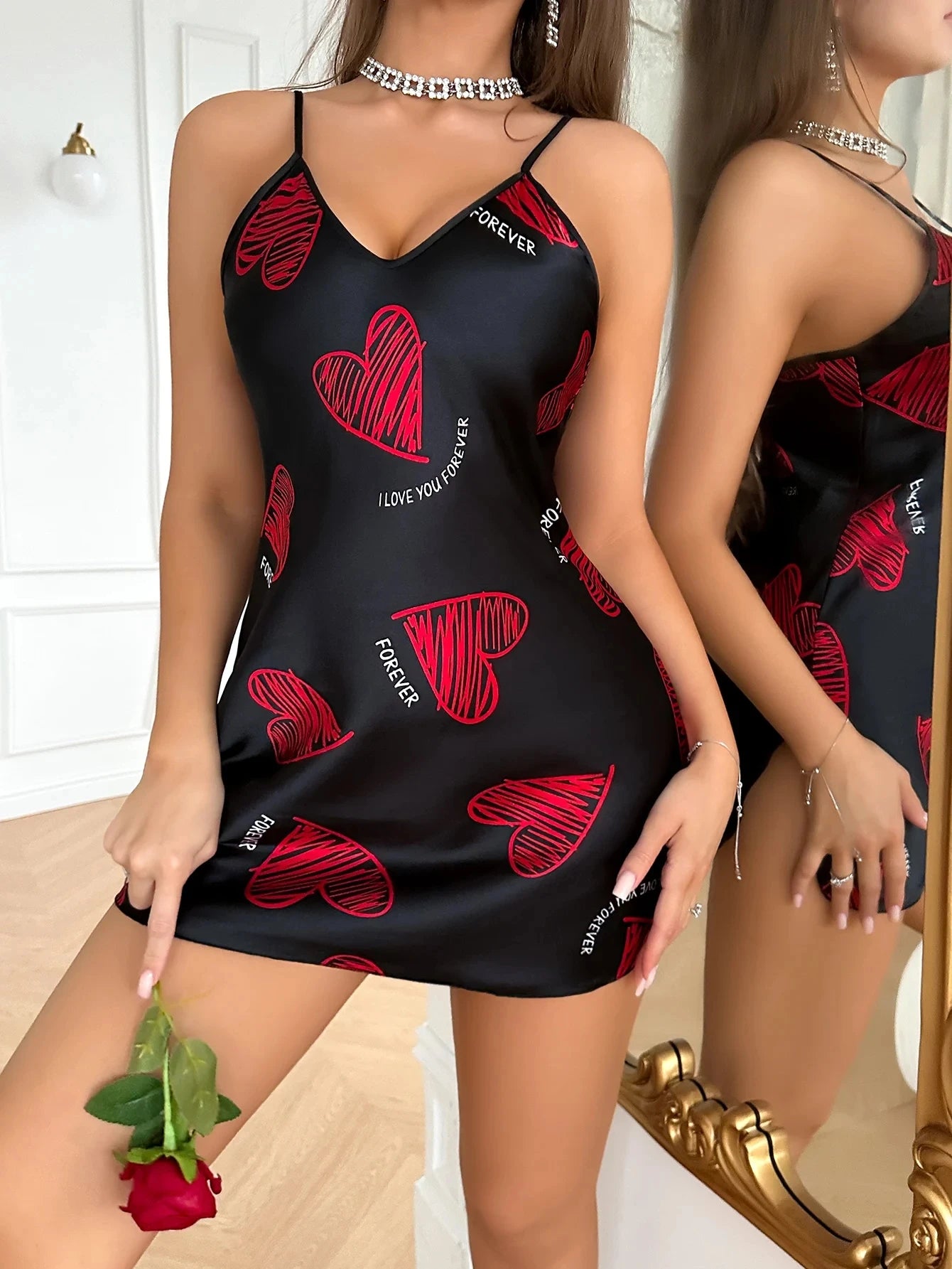 Red Lip Satin Nightdress