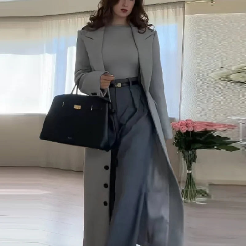 Elegant Woolen Lapel Long Coat